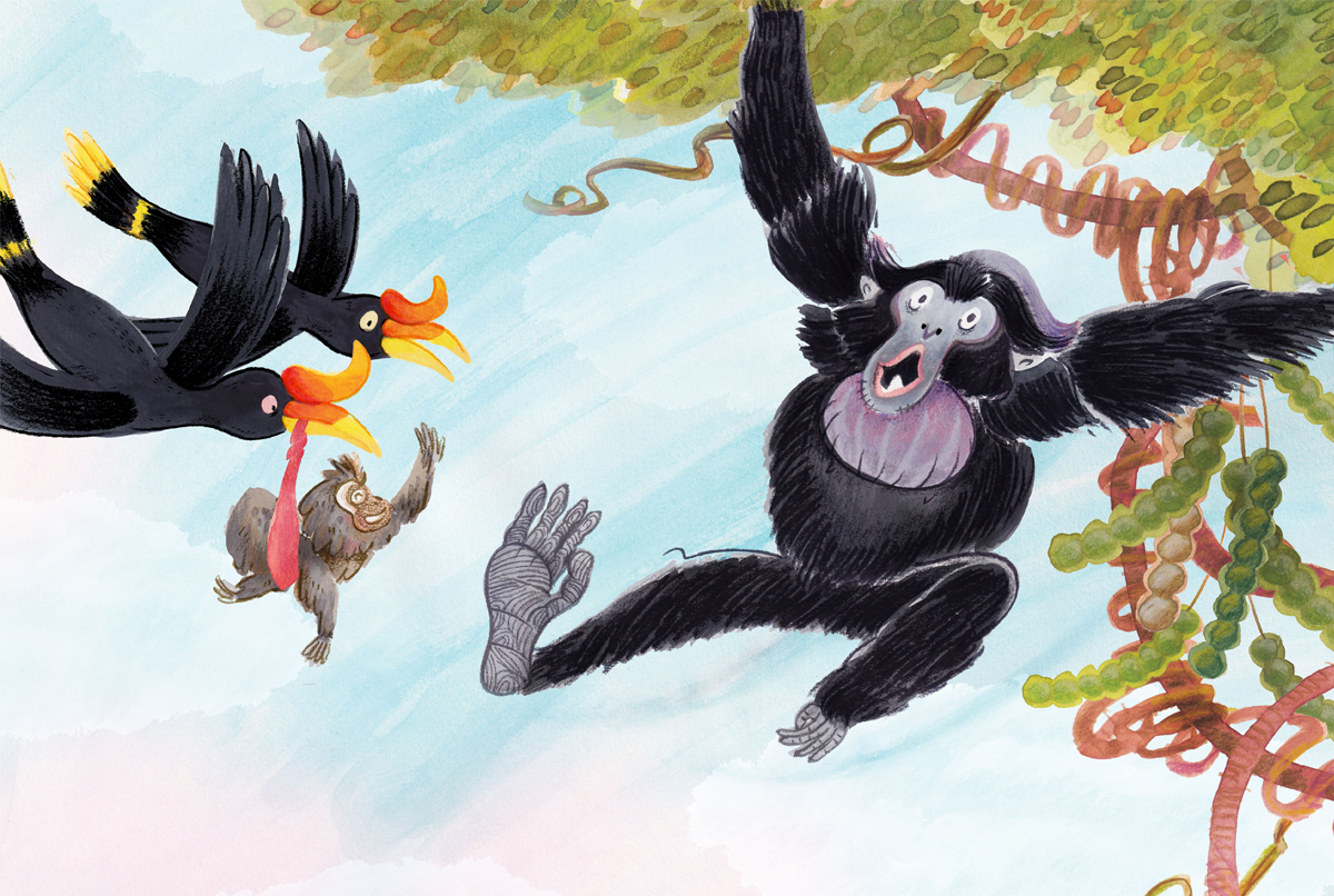 Illustration of a Siamang meets Yoyo and the Rhinoceros Hornbills.